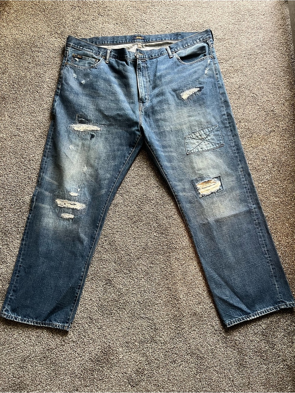 POLO RL Men's Distressed Blue Denim Jeans - Classic Relaxed Fit 48x32